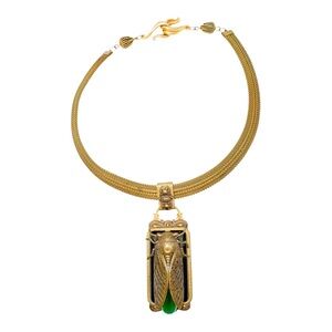 Vintage Patrice Gold-Tone Brass Cicada Pendant w Green Glass & Braided Chain